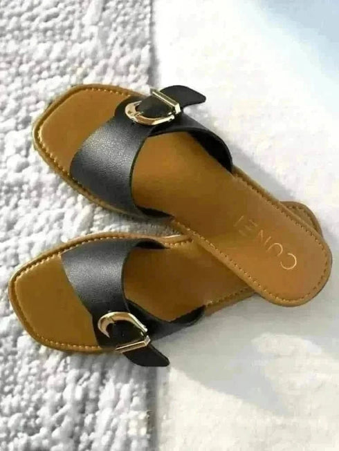 Womens Black Buckled Flats